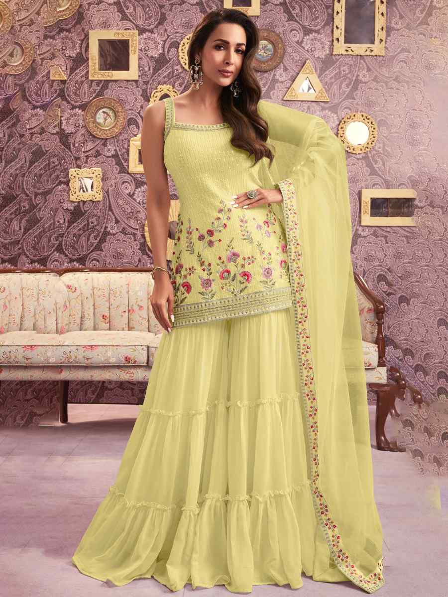 Yellow Georgette Embroidered Festival Wedding Sharara Pant Salwar Kameez