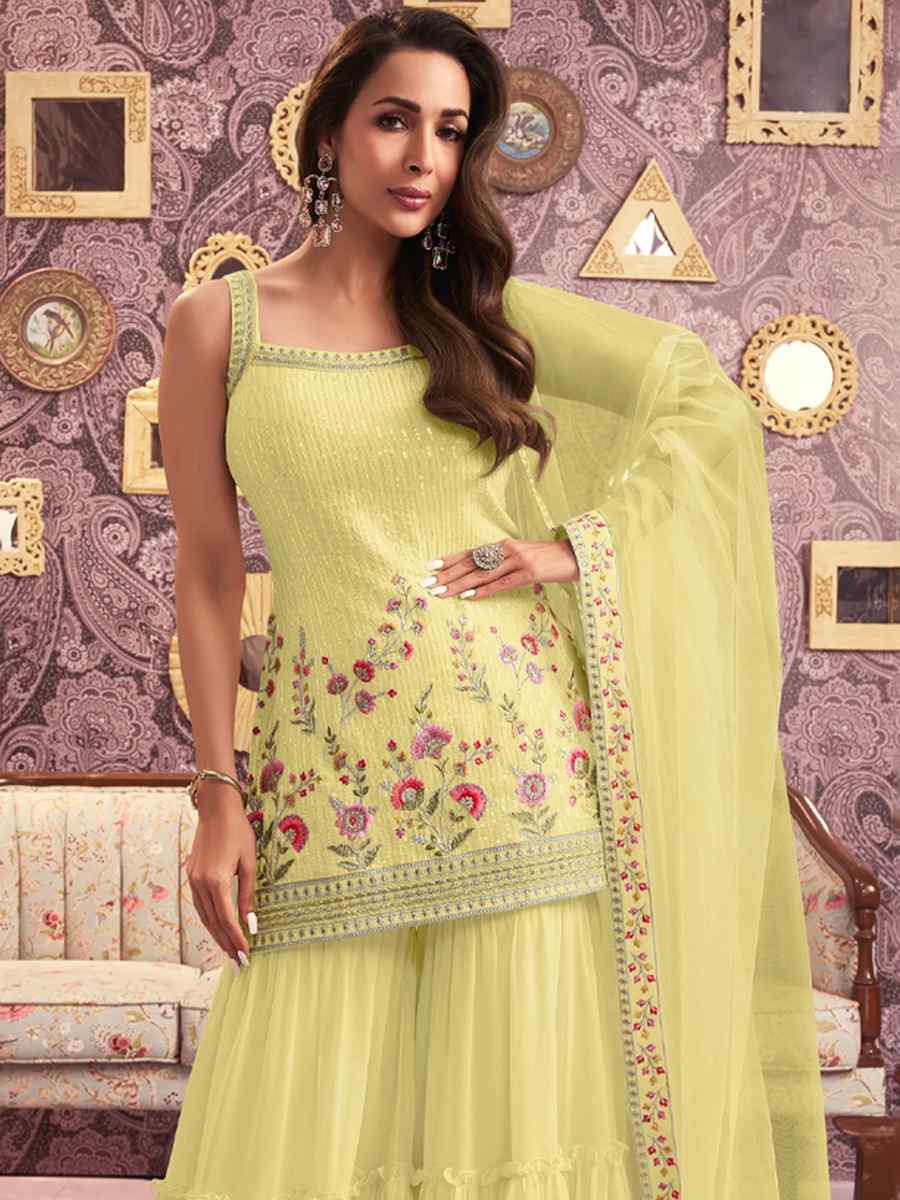 Yellow Georgette Embroidered Festival Wedding Sharara Pant Salwar Kameez