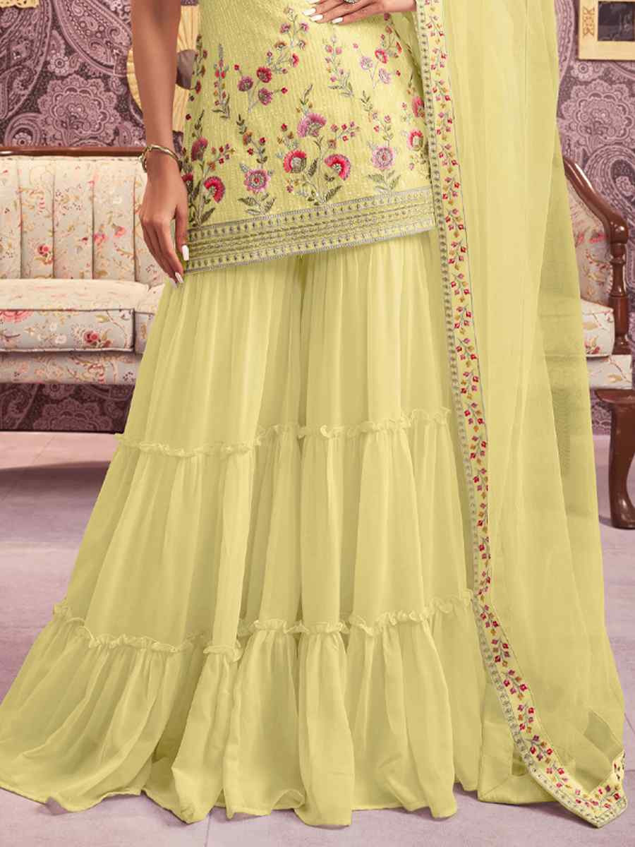 Yellow Georgette Embroidered Festival Wedding Ready Sharara Pant Salwar Kameez