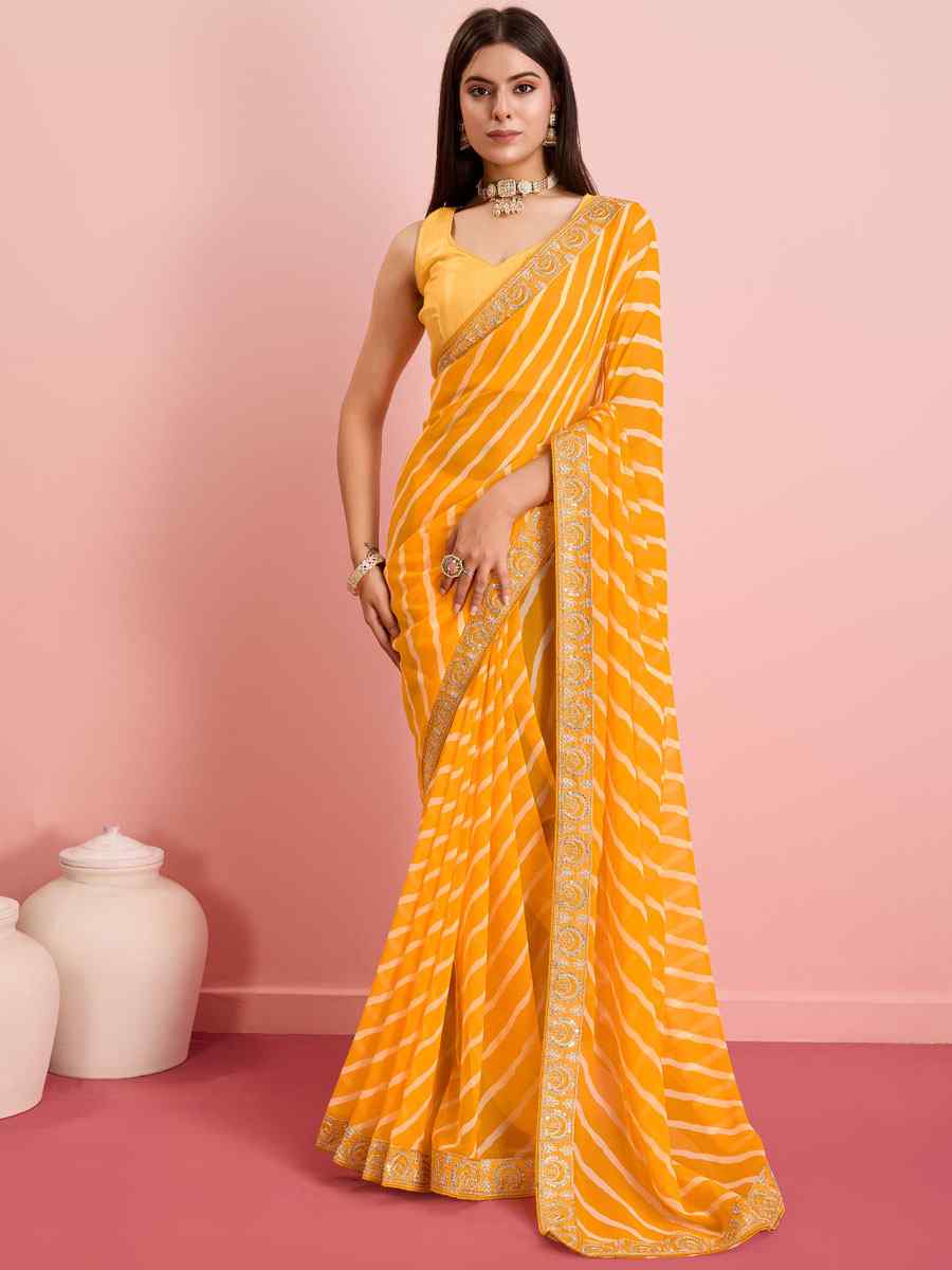 Yellow Georgette Embroidered Party Reception Heavy Border Saree