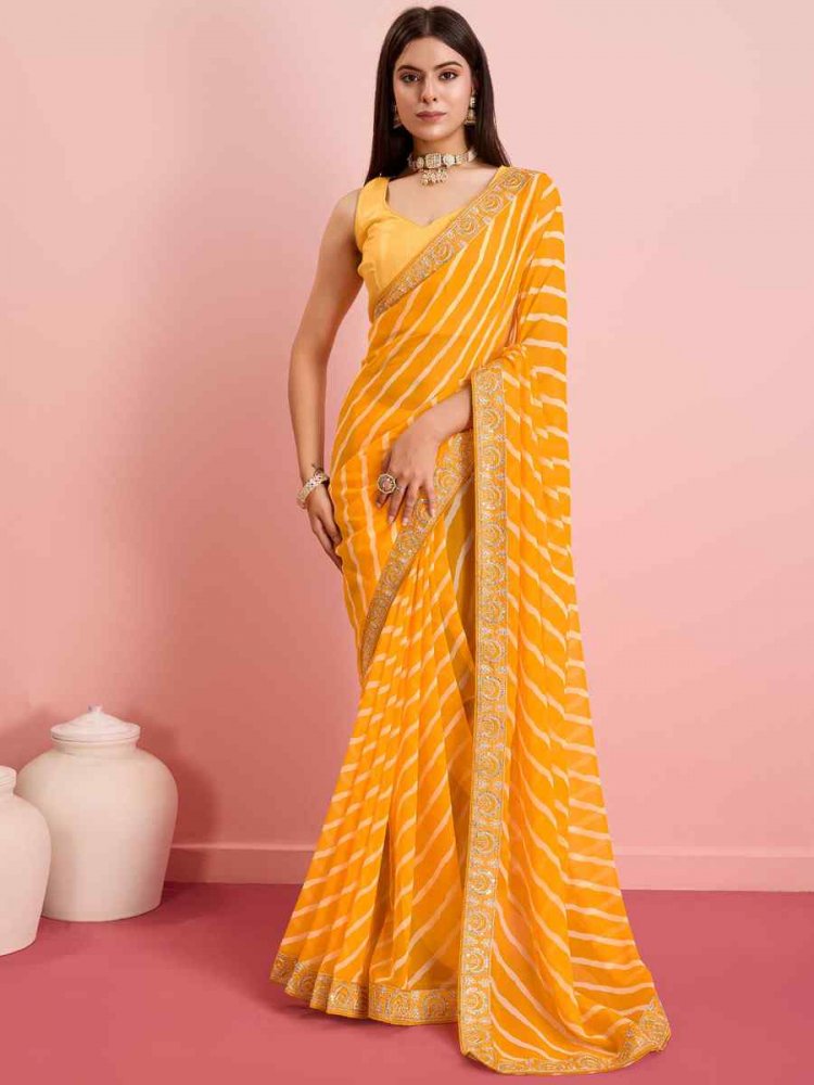 Yellow Georgette Embroidered Party Reception Heavy Border Saree