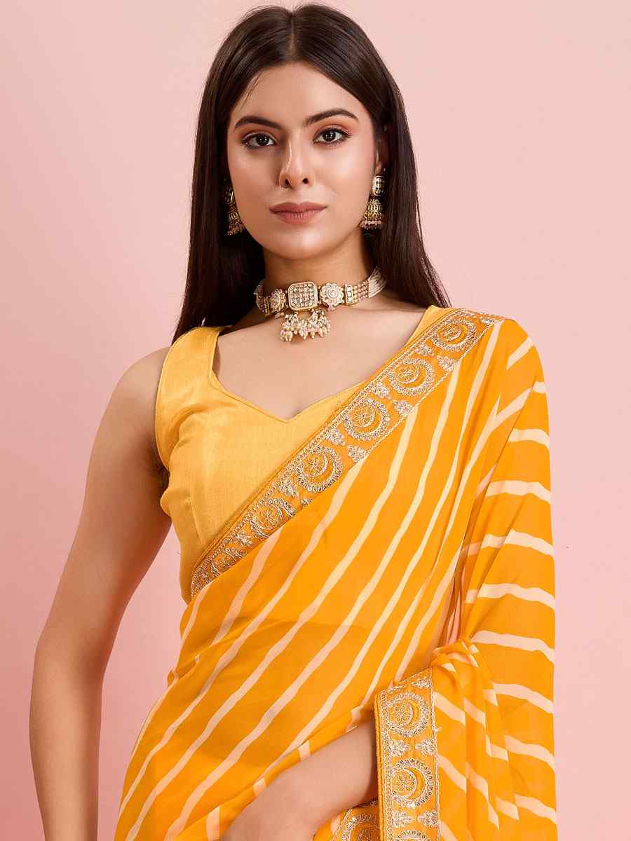 Yellow Georgette Embroidered Party Reception Heavy Border Saree