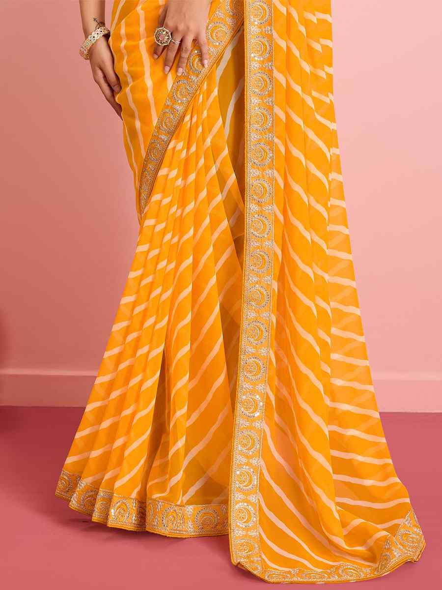 Yellow Georgette Embroidered Party Reception Heavy Border Saree