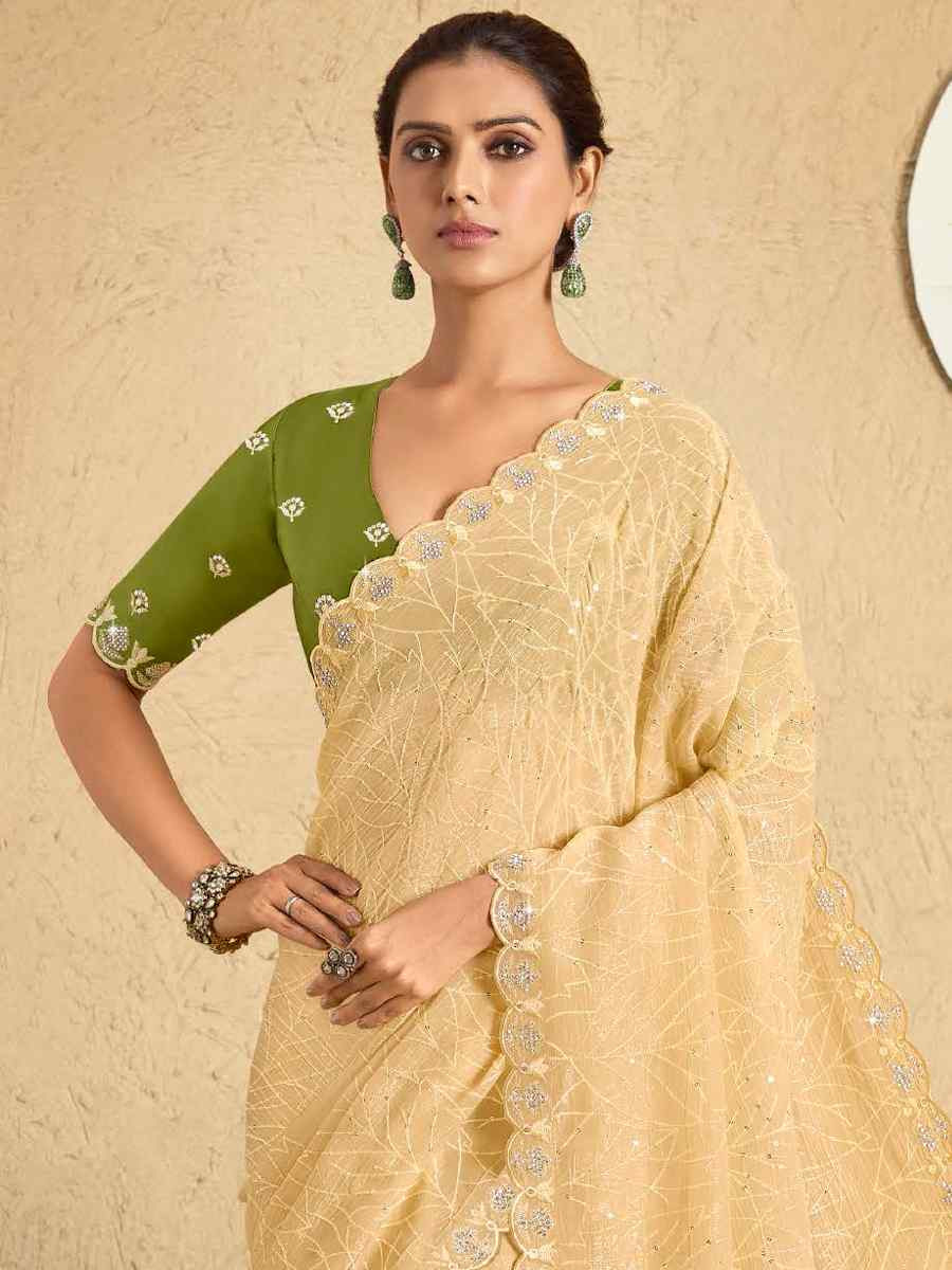 Yellow Georgette Embroidered Reception Party Heavy Border Saree