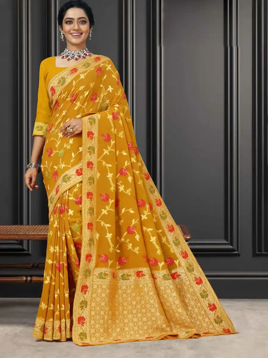 Yellow Georgette Handwoven Festival Wedding Heavy Border Saree