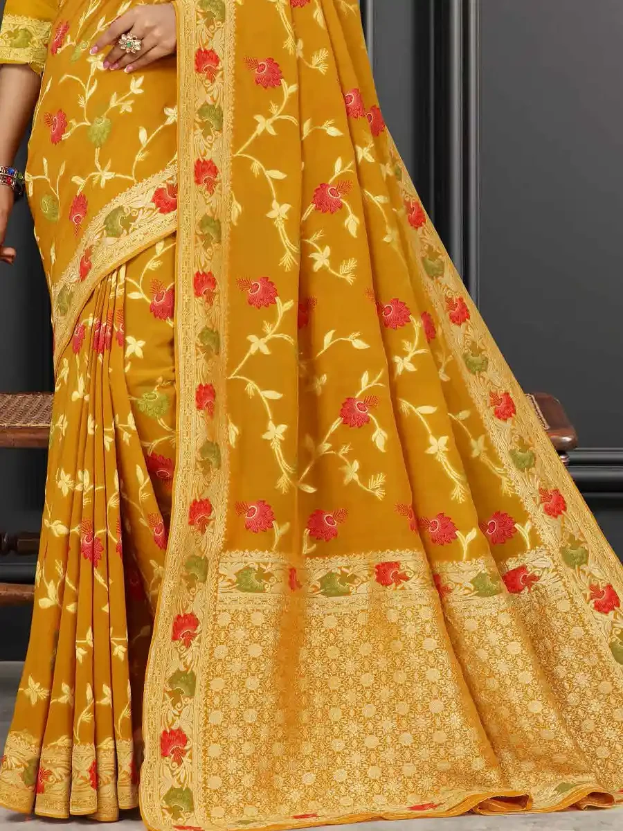 Yellow Georgette Handwoven Festival Wedding Heavy Border Saree