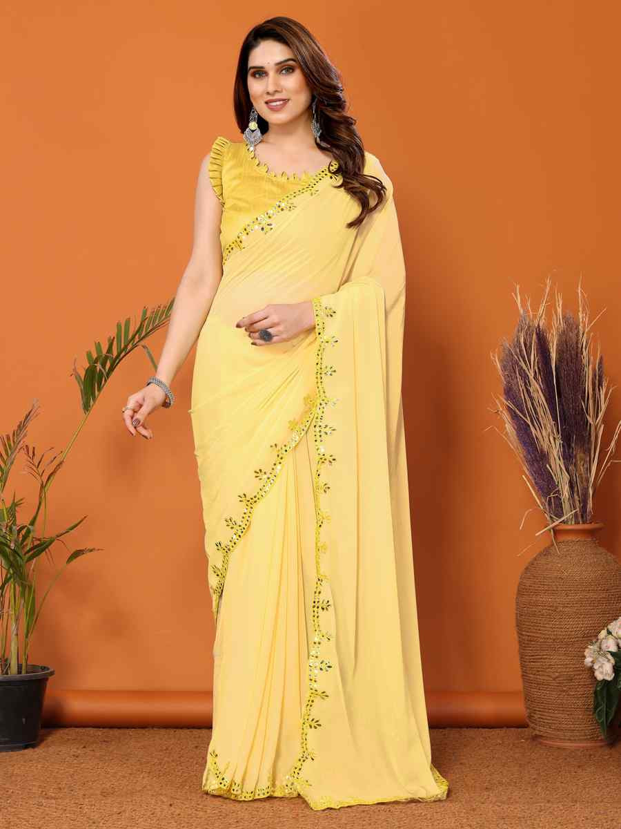 Yellow Georgette Handwoven Festival Wedding Heavy Border Saree