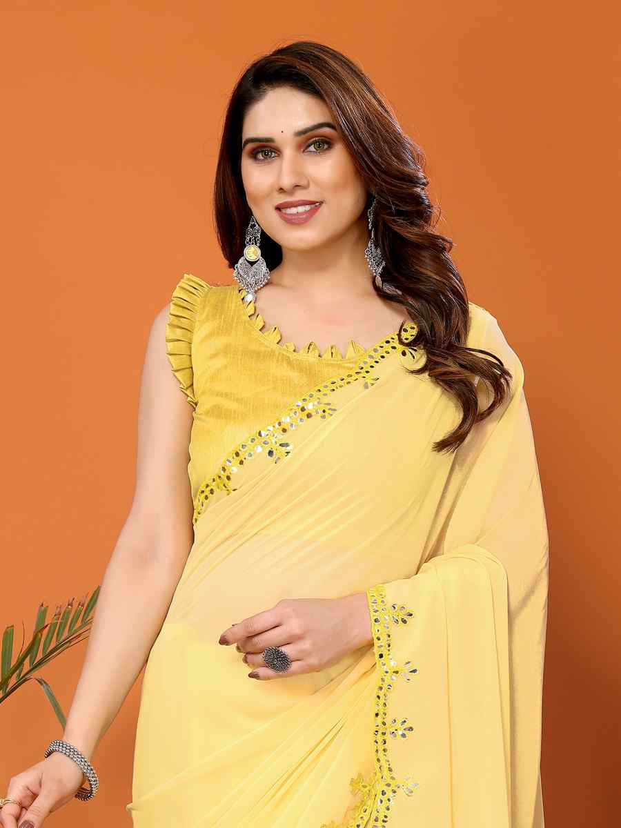 Yellow Georgette Handwoven Festival Wedding Heavy Border Saree