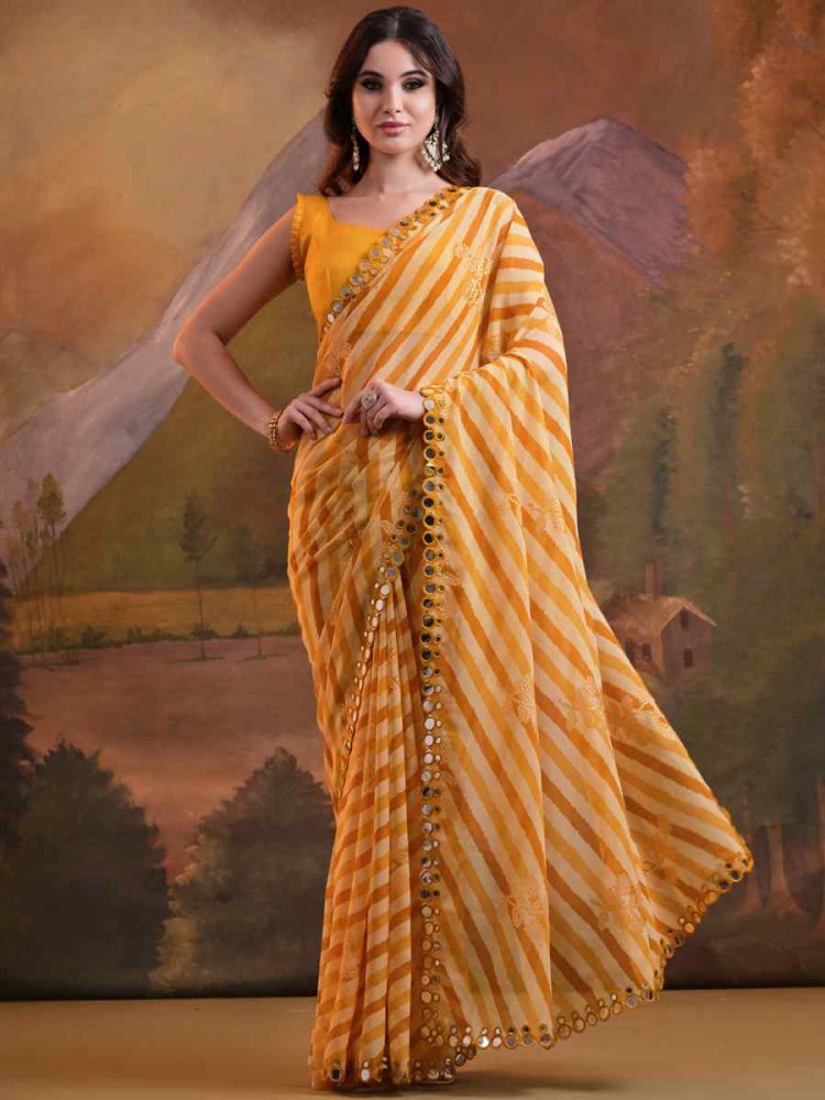 Yellow Georgette Printed Festival Casual Contemporary Saree
