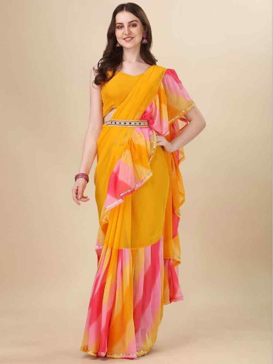 Yellow Georgette Printed Festival Casual Contemporary Saree