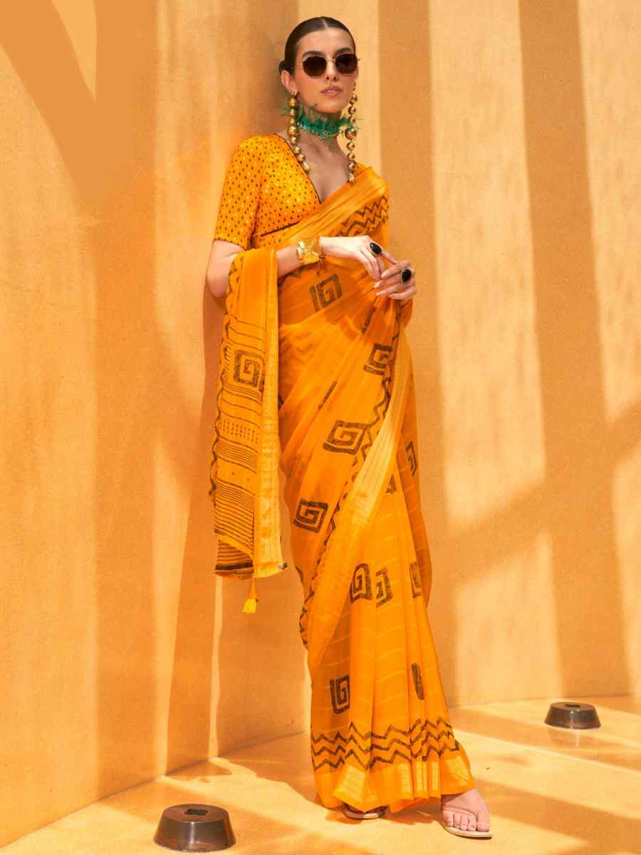 Yellow Georgette Printed Festival Party Contemporary Saree