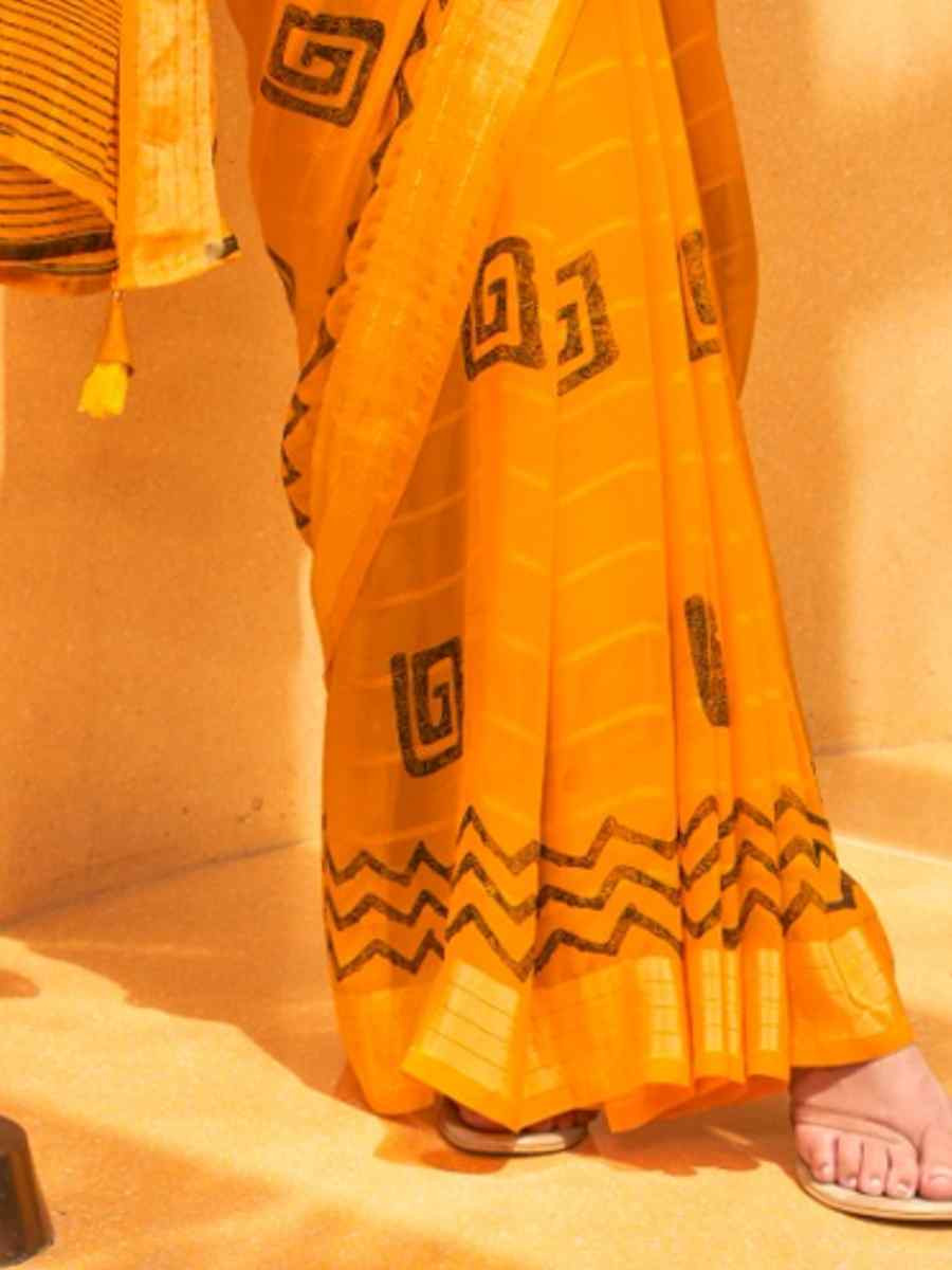 Yellow Georgette Printed Festival Party Contemporary Saree