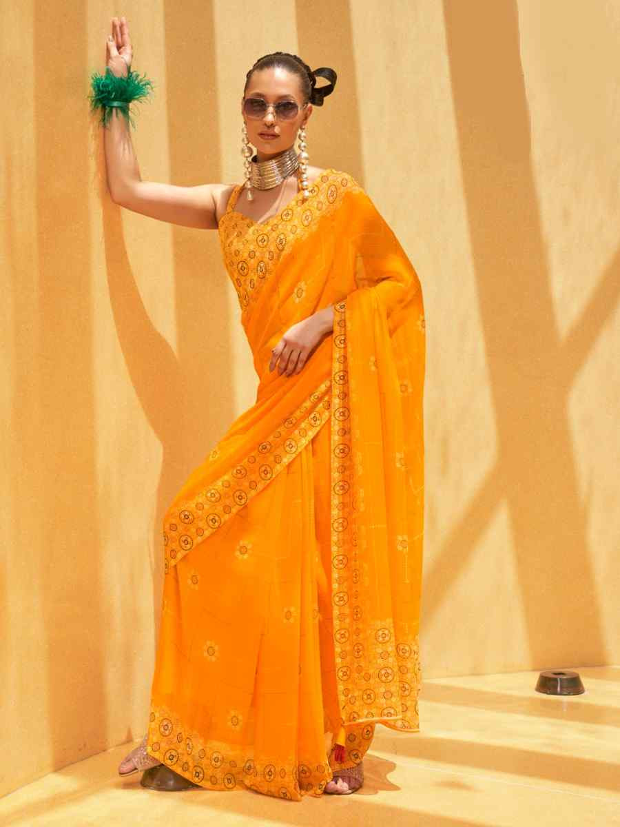 Yellow Georgette Printed Festival Party Contemporary Saree