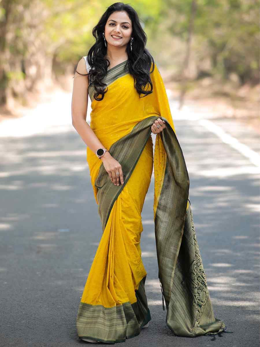 Yellow Georgette Silk Handwoven Casual Festival Heavy Border Saree