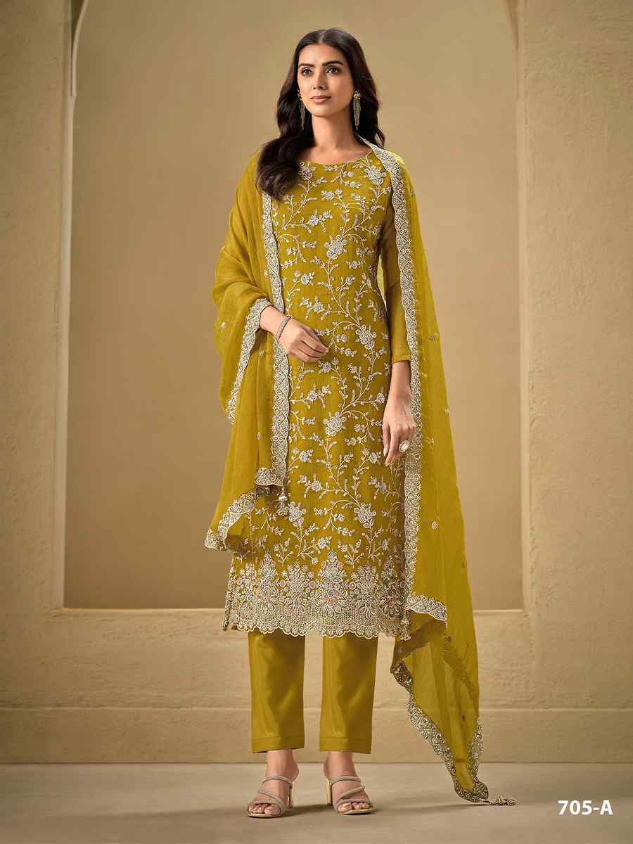 Yellow Heavy Chinon Embroidered Festival Casual Pant Salwar Kameez