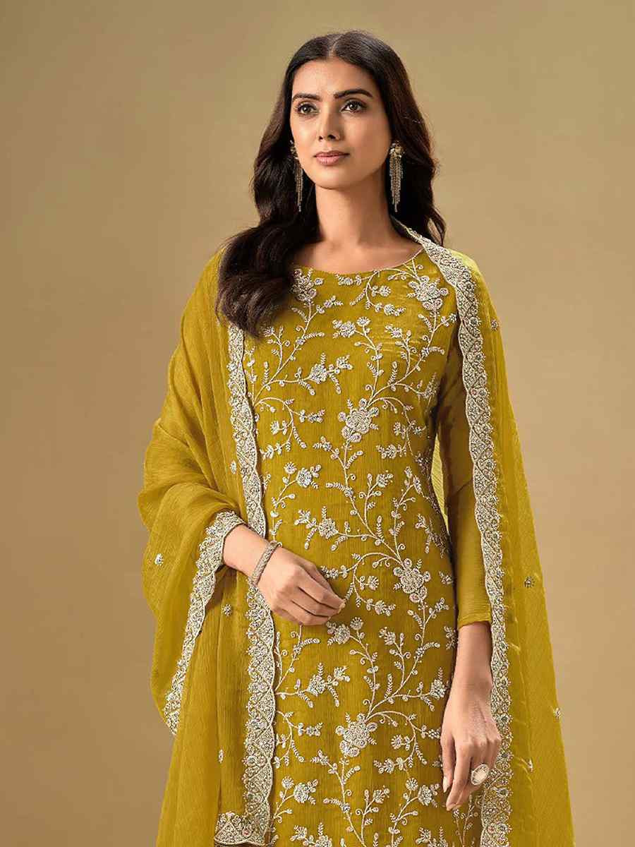 Yellow Heavy Chinon Embroidered Festival Casual Pant Salwar Kameez