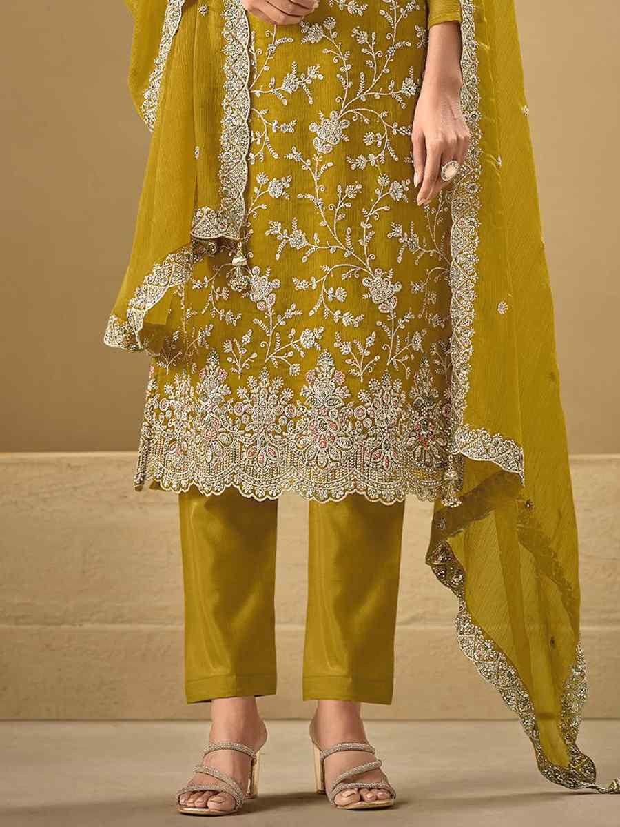 Yellow Heavy Chinon Embroidered Festival Casual Pant Salwar Kameez