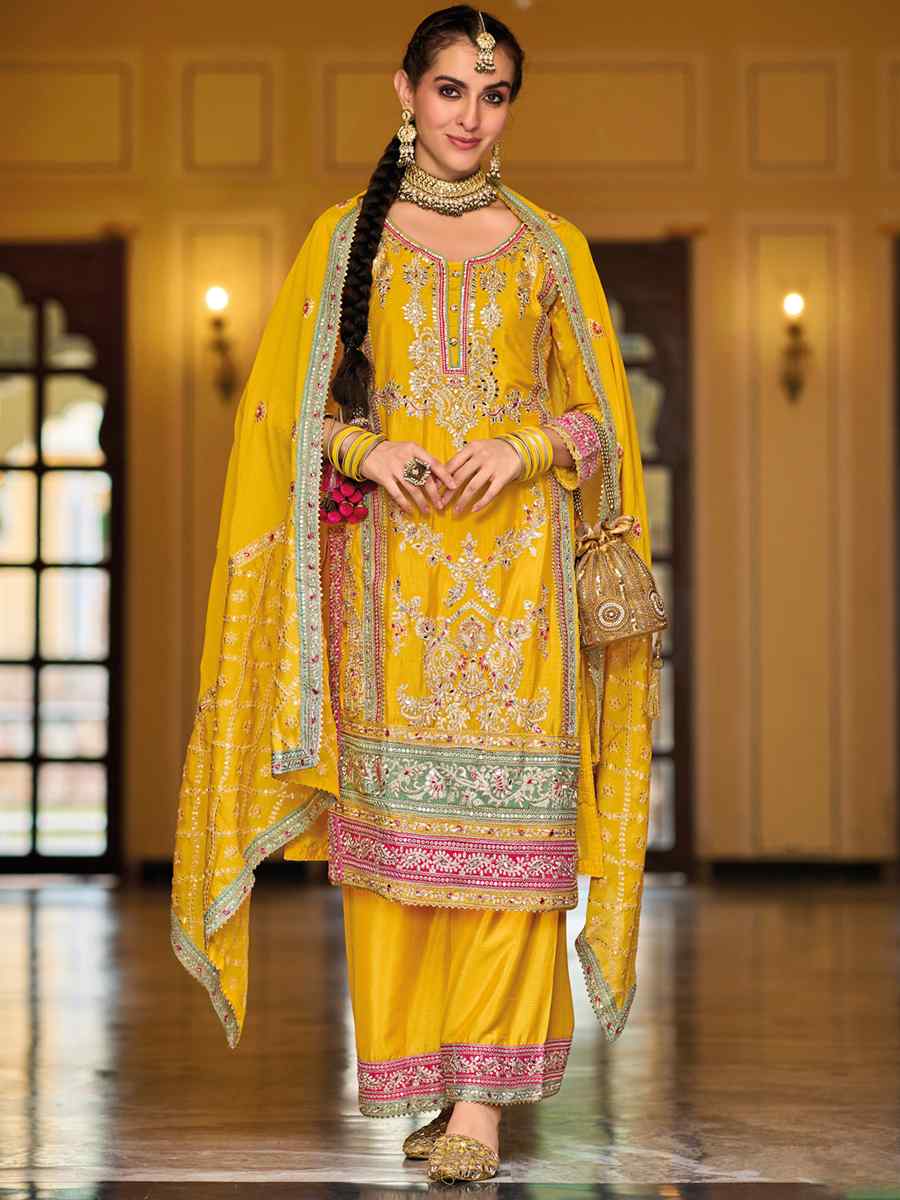 Yellow Heavy Chinon Embroidered Festival Wedding Palazzo Pant Salwar Kameez