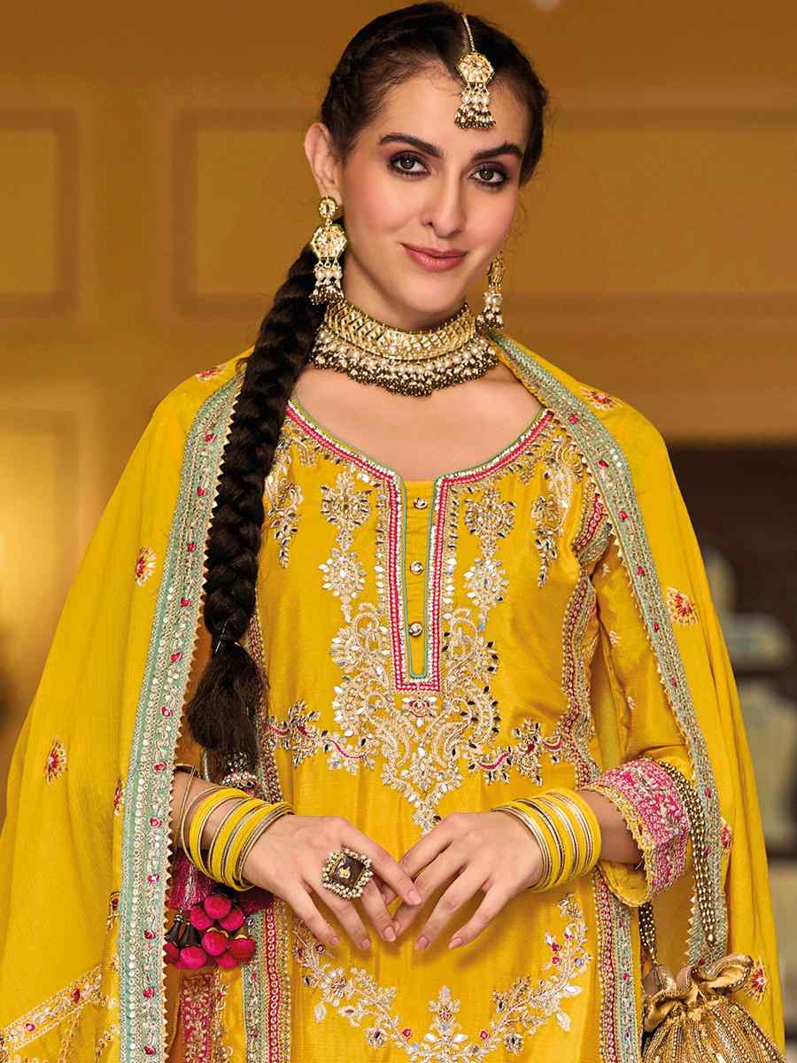 Yellow Heavy Chinon Embroidered Festival Wedding Palazzo Pant Salwar Kameez