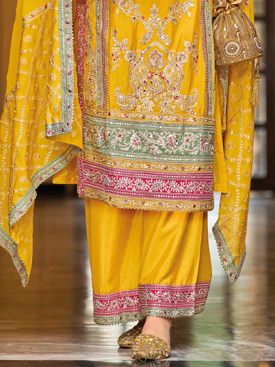 Yellow Heavy Chinon Embroidered Festival Wedding Palazzo Pant Salwar Kameez