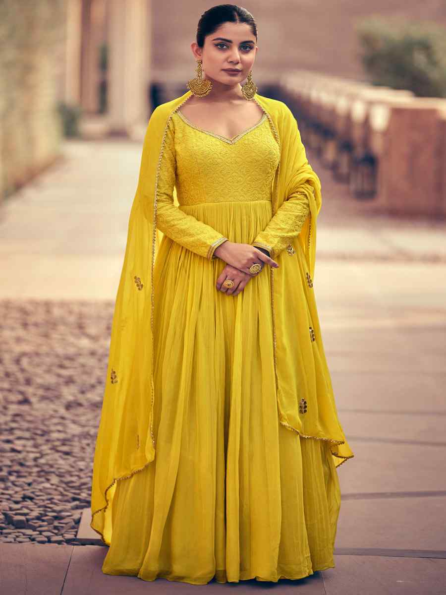 Yellow Heavy Chinon Embroidered Festival Wedding Ready Anarkali Salwar Kameez