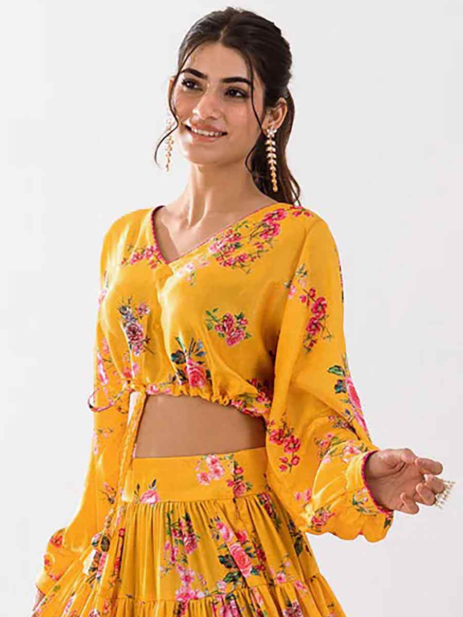 Yellow Heavy Chinon Printed Festival Festival Circular Lehenga Choli