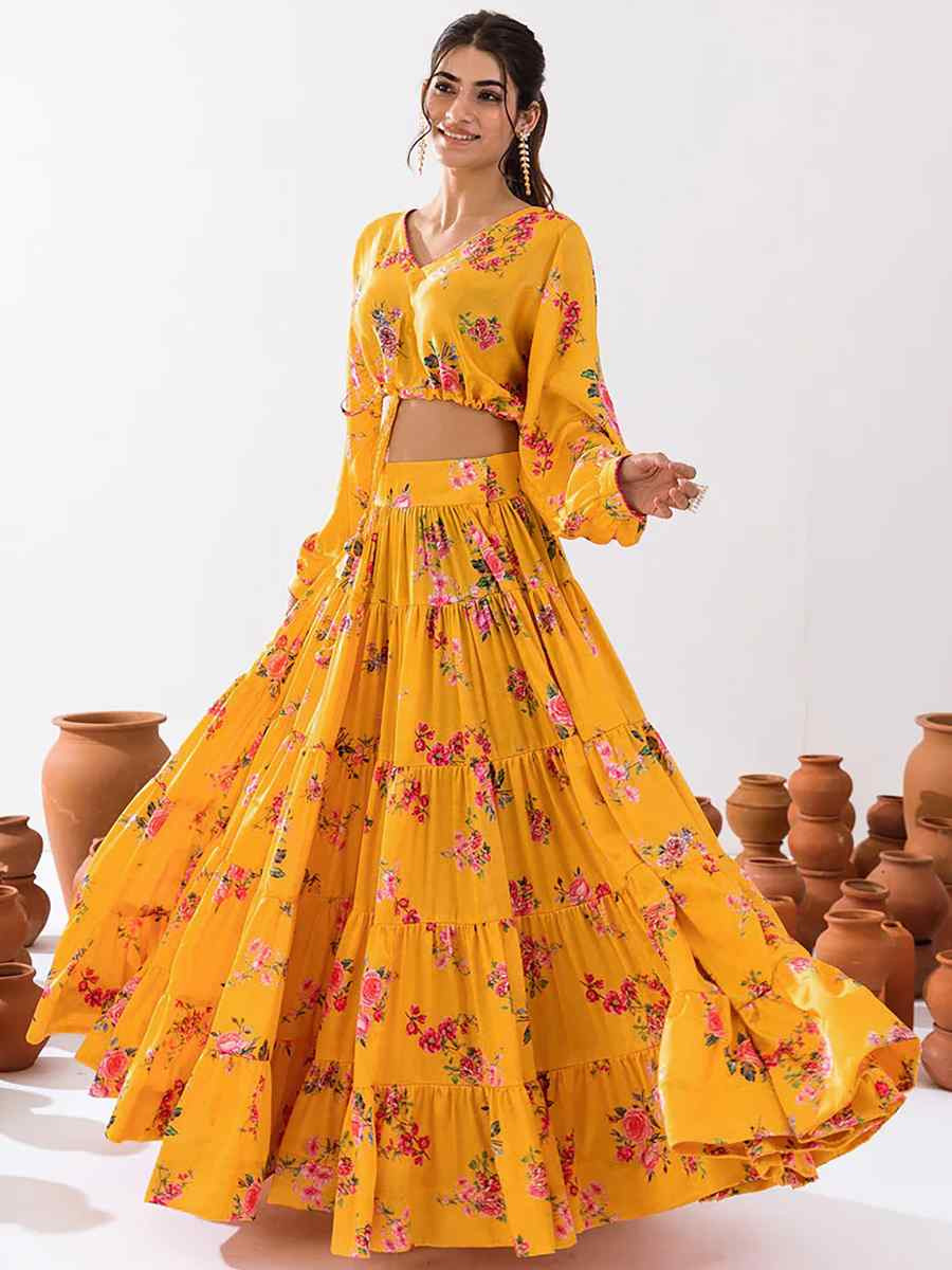 Yellow Heavy Chinon Printed Festival Festival Circular Lehenga Choli