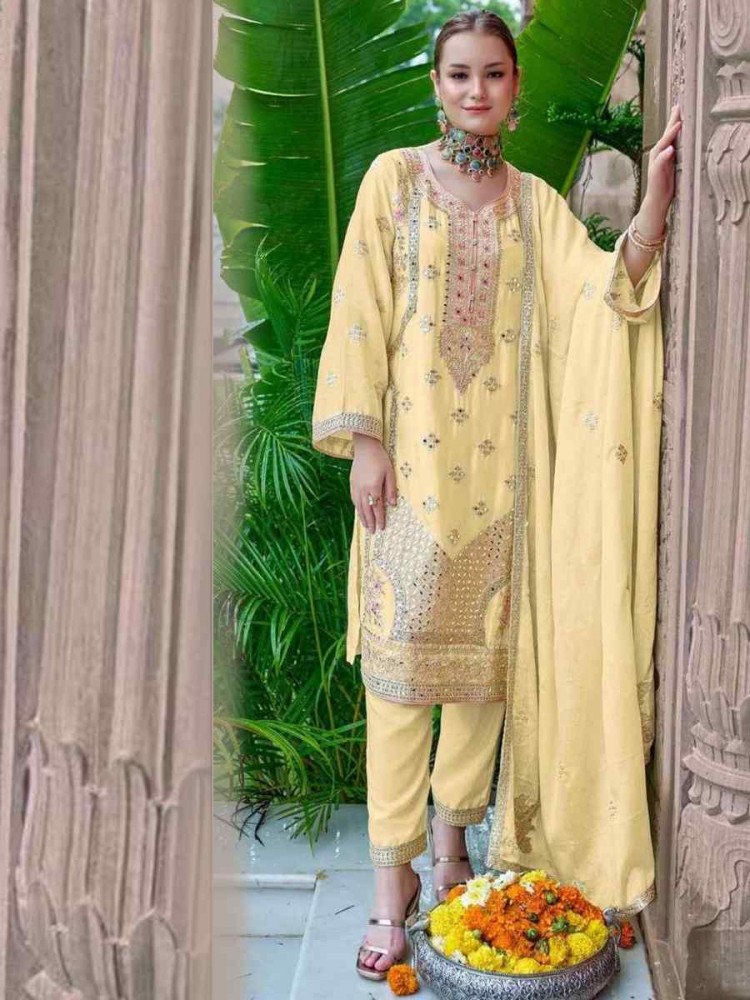 Yellow Heavy Chinon Silk Embroidered Festival Casual Pant Salwar Kameez