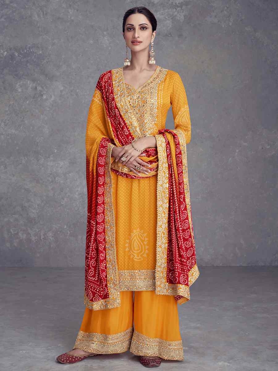 Yellow Heavy Chinon Silk Embroidered Festival Wedding Palazzo Pant Salwar Kameez