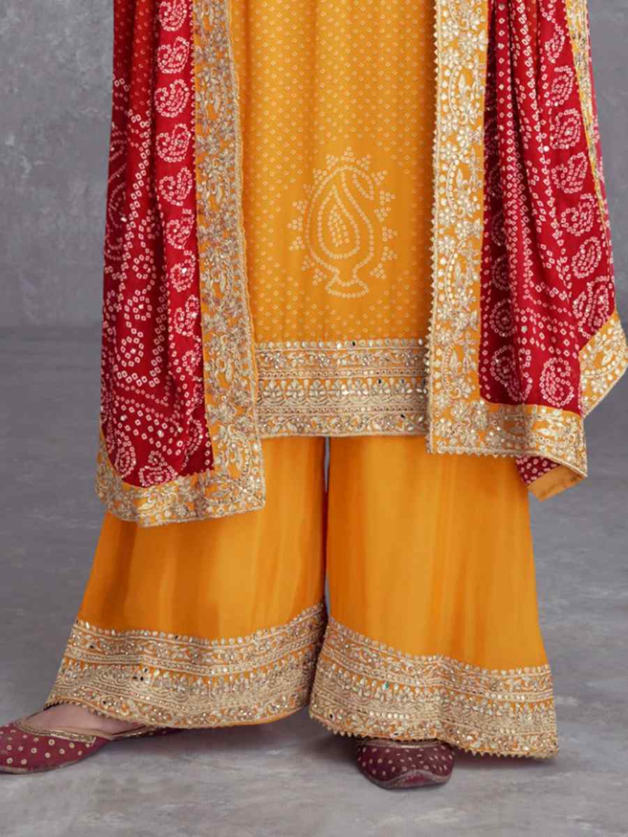 Yellow Heavy Chinon Silk Embroidered Festival Wedding Palazzo Pant Salwar Kameez