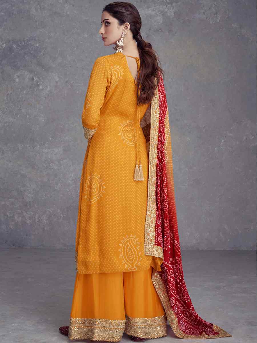 Yellow Heavy Chinon Silk Embroidered Festival Wedding Palazzo Pant Salwar Kameez