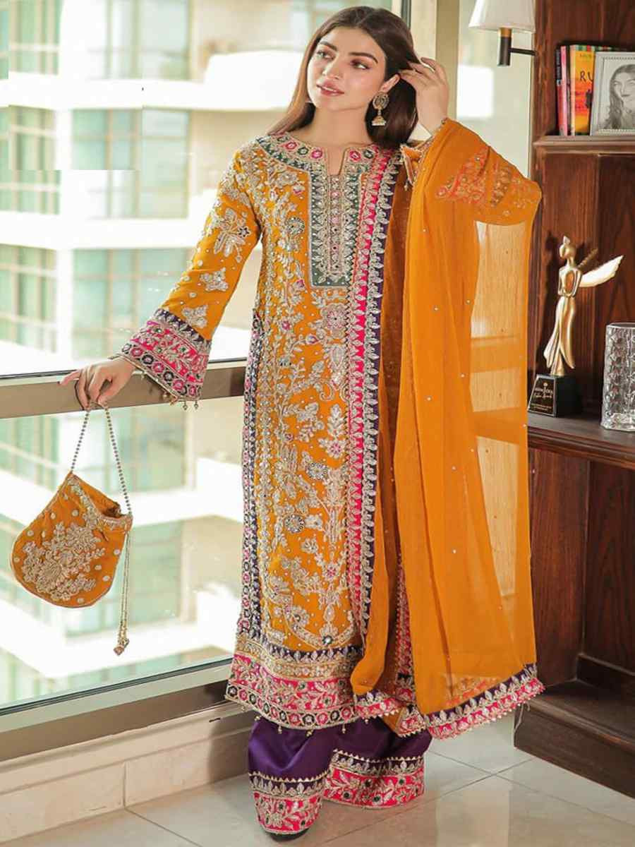 Yellow Heavy Chinon Silk Embroidered Festival Wedding Pant Salwar Kameez