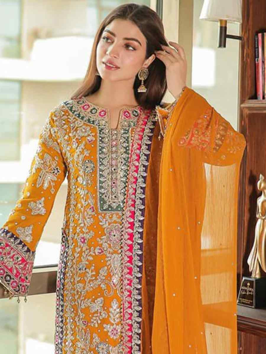 Yellow Heavy Chinon Silk Embroidered Festival Wedding Pant Salwar Kameez