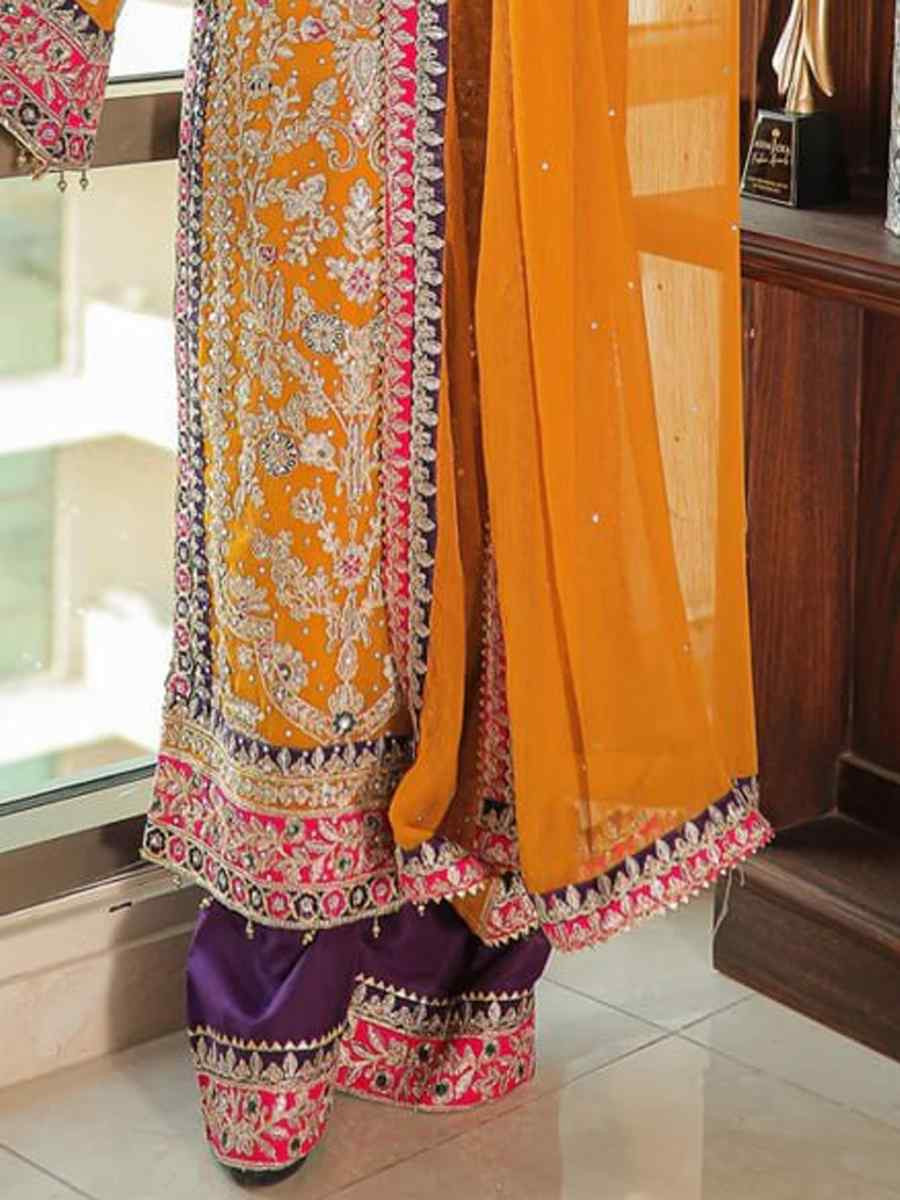 Yellow Heavy Chinon Silk Embroidered Festival Wedding Pant Salwar Kameez