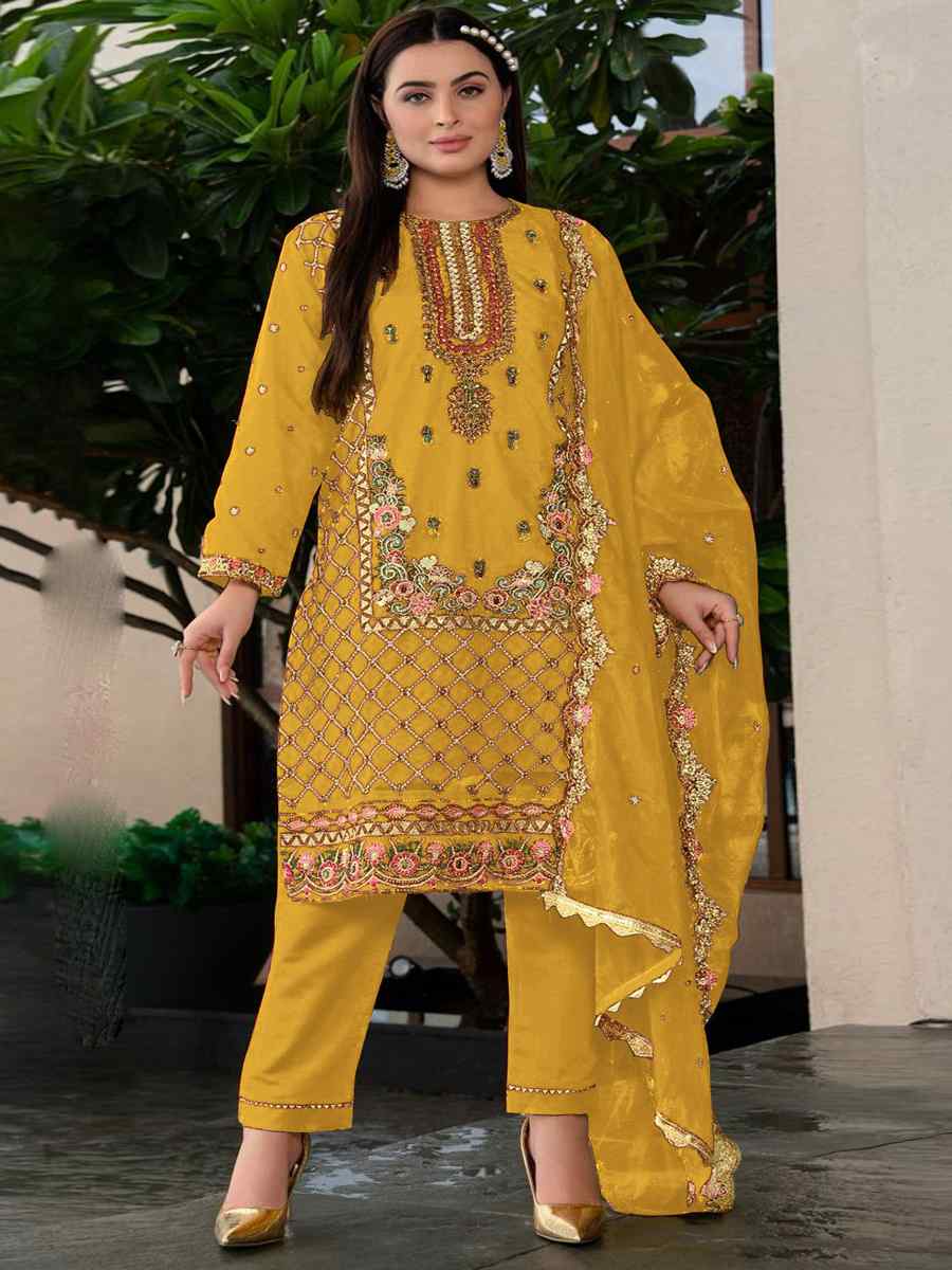 Yellow Heavy Faux Georgette Embroidered Festival Casual Pant Salwar Kameez