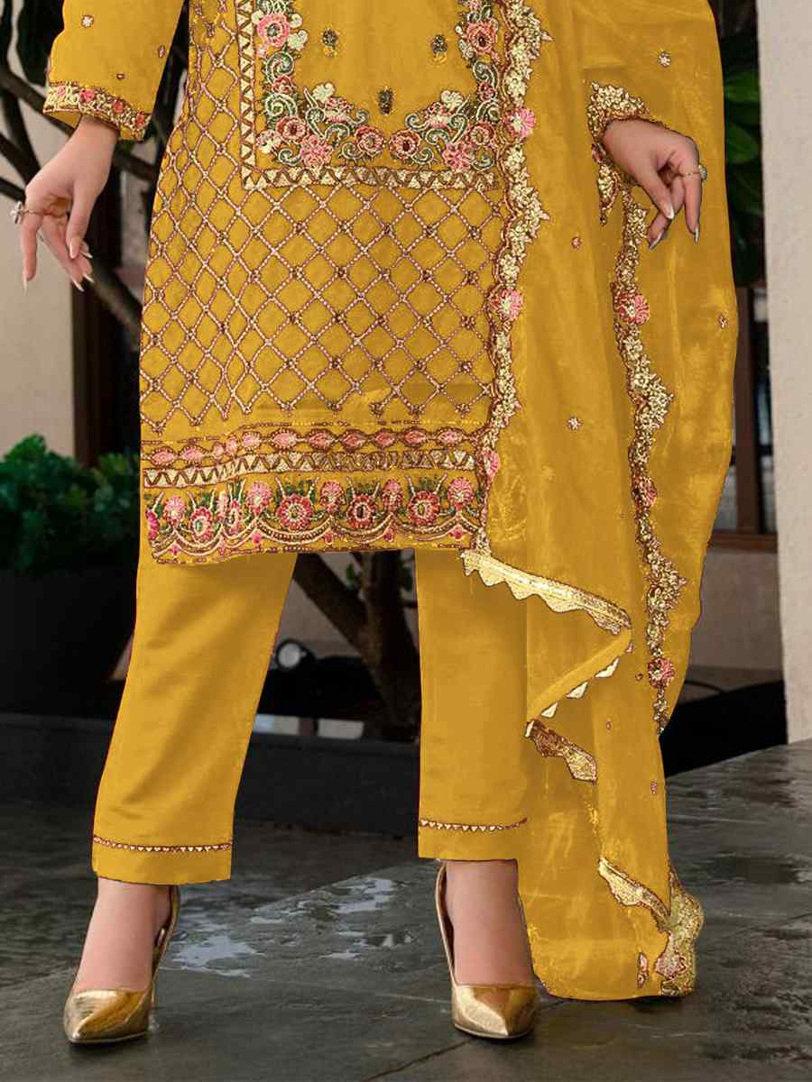 Yellow Heavy Faux Georgette Embroidered Festival Casual Pant Salwar Kameez