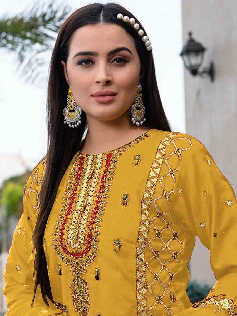 Yellow Heavy Faux Georgette Embroidered Festival Casual Pant Salwar Kameez