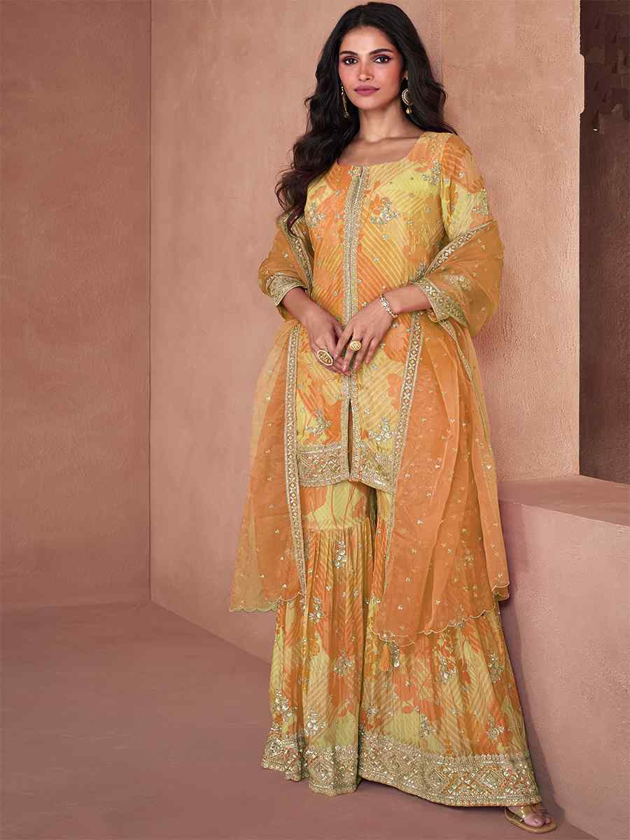 Yellow Heavy Faux Georgette Embroidered Festival Wedding Ready Sharara Pant Salwar Kameez