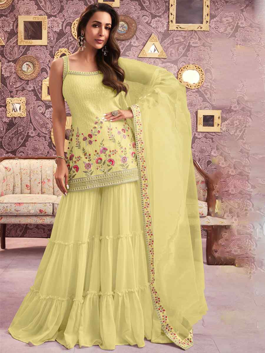 Yellow Heavy Faux Georgette Embroidered Festival Wedding Sharara Pant Salwar Kameez