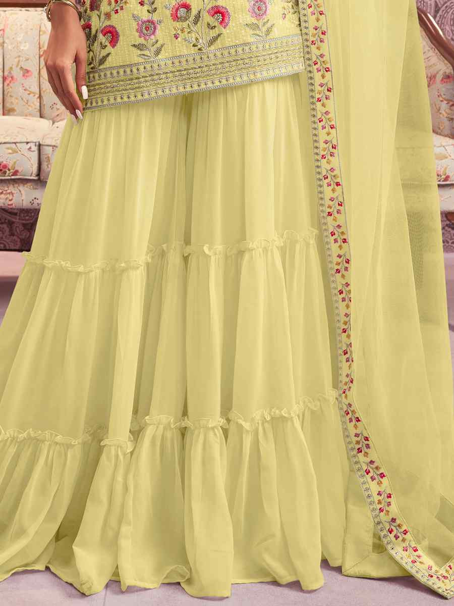 Yellow Heavy Faux Georgette Embroidered Festival Wedding Sharara Pant Salwar Kameez