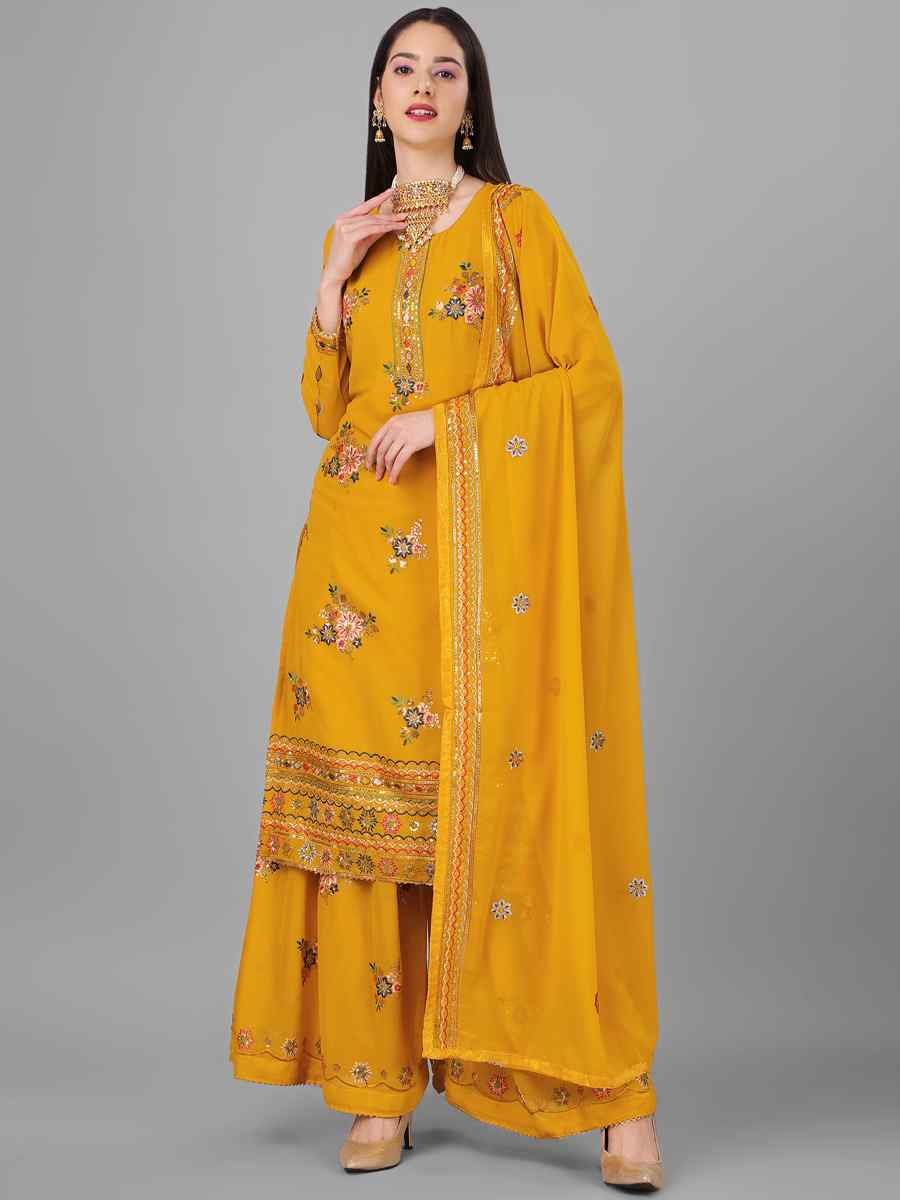 Yellow Heavy Georgette Embroidered Festival Wedding Palazzo Pant Salwar Kameez