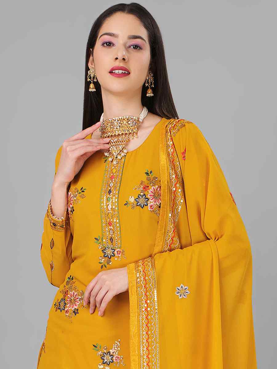 Yellow Heavy Georgette Embroidered Festival Wedding Palazzo Pant Salwar Kameez