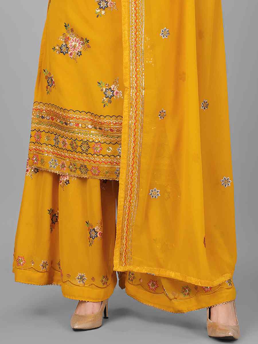 Yellow Heavy Georgette Embroidered Festival Wedding Palazzo Pant Salwar Kameez