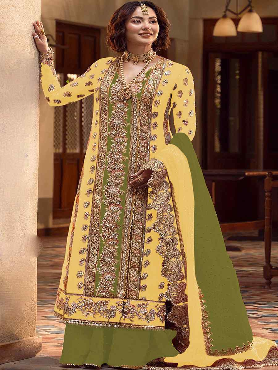 Yellow Heavy Organza Embroidered Festival Wedding Palazzo Pant Salwar Kameez