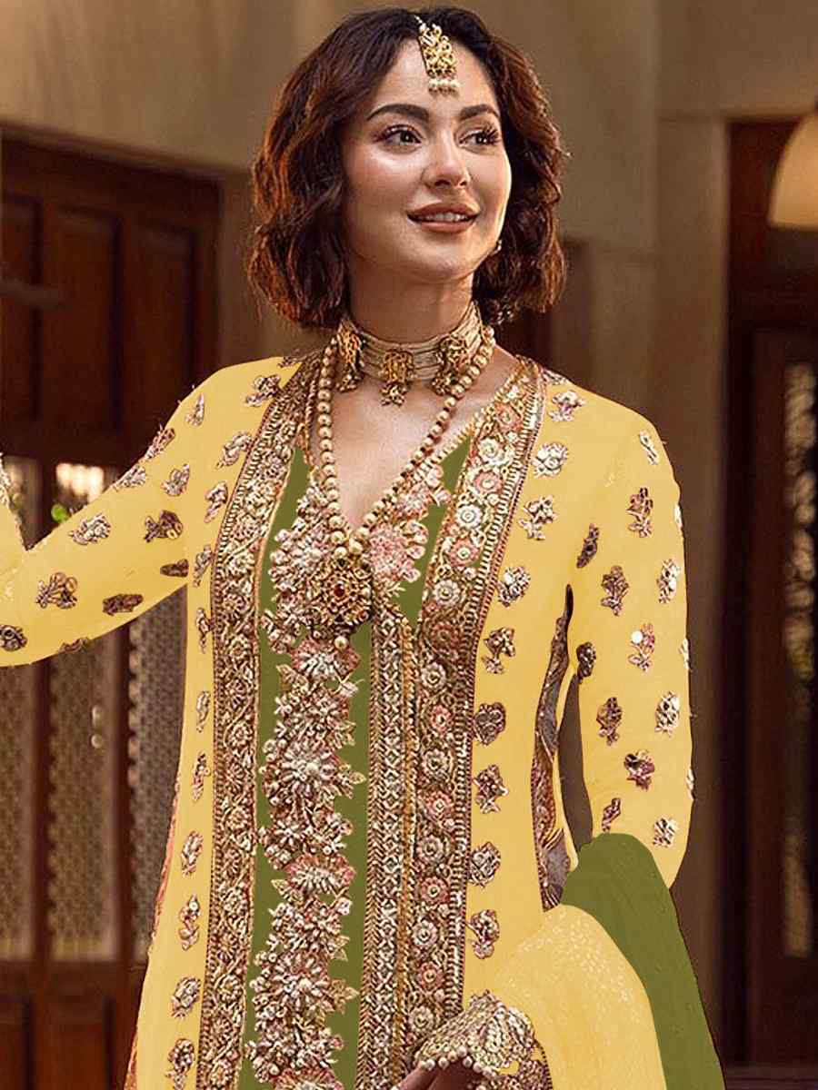 Yellow Heavy Organza Embroidered Festival Wedding Palazzo Pant Salwar Kameez