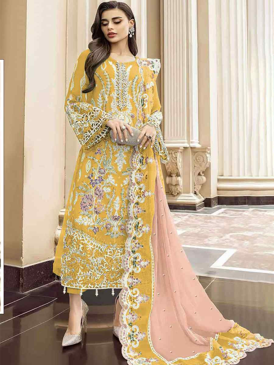 Yellow Heavy Orgenza Embroidered Festival Wedding Pant Salwar Kameez