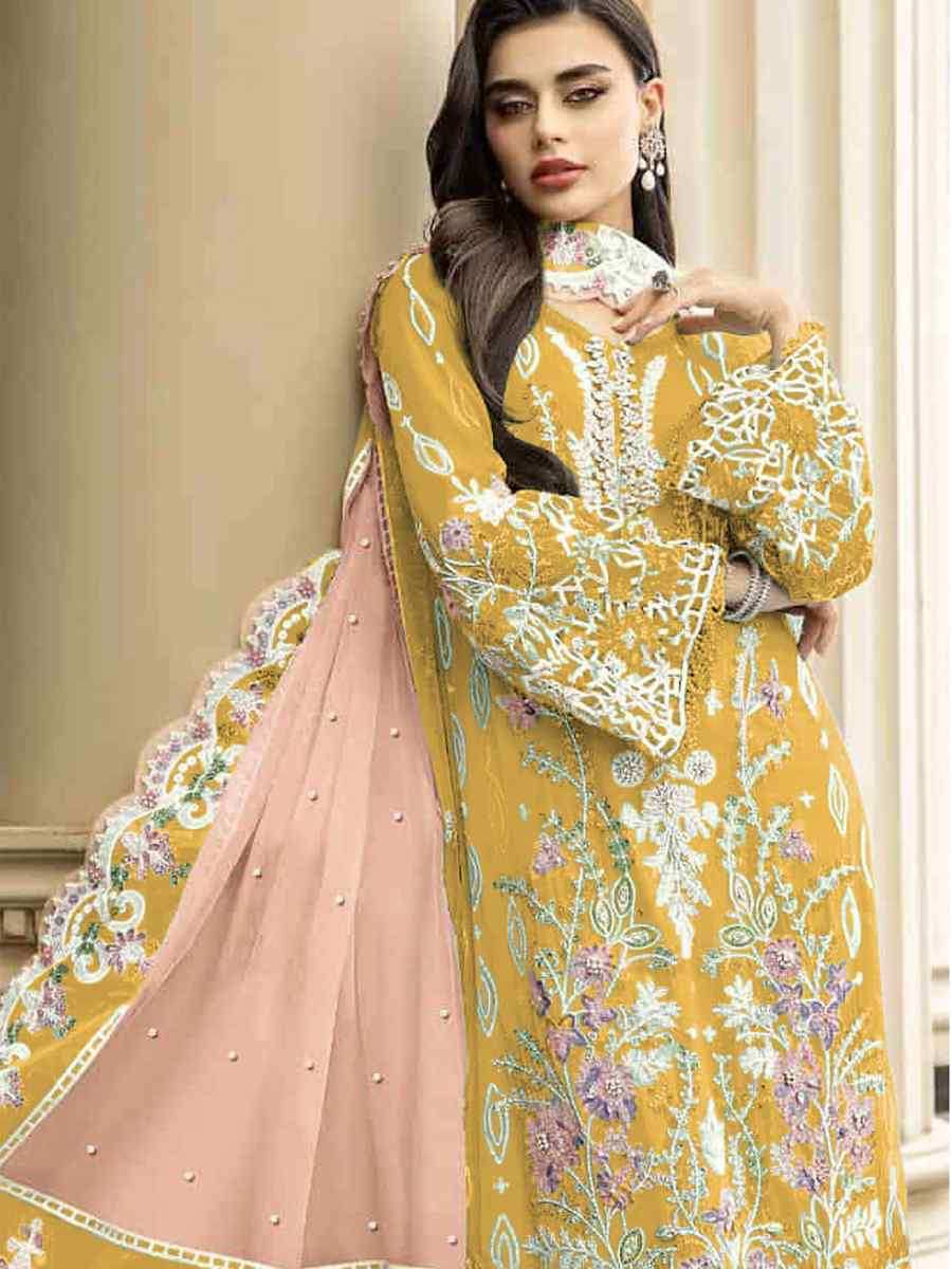 Yellow Heavy Orgenza Embroidered Festival Wedding Pant Salwar Kameez