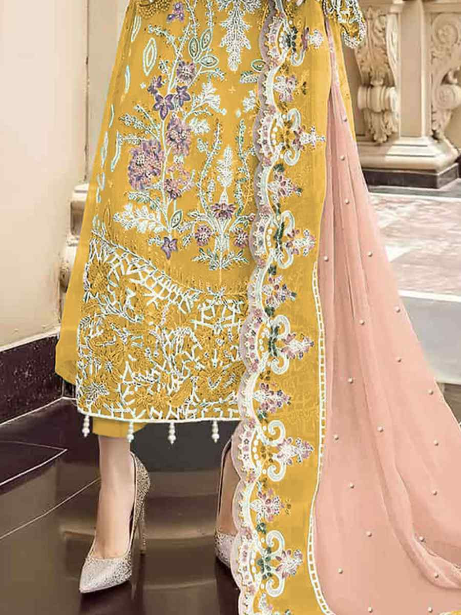 Yellow Heavy Orgenza Embroidered Festival Wedding Pant Salwar Kameez