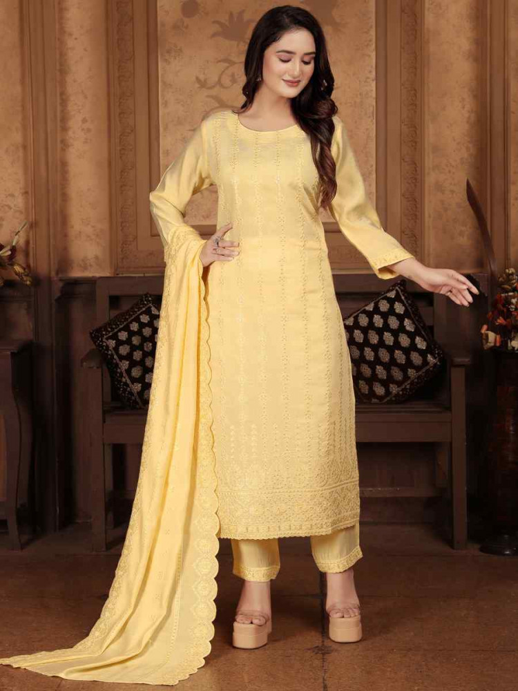 Yellow Heavy Peri Chanderi Embroidered Festival Casual Ready Pant Salwar Kameez