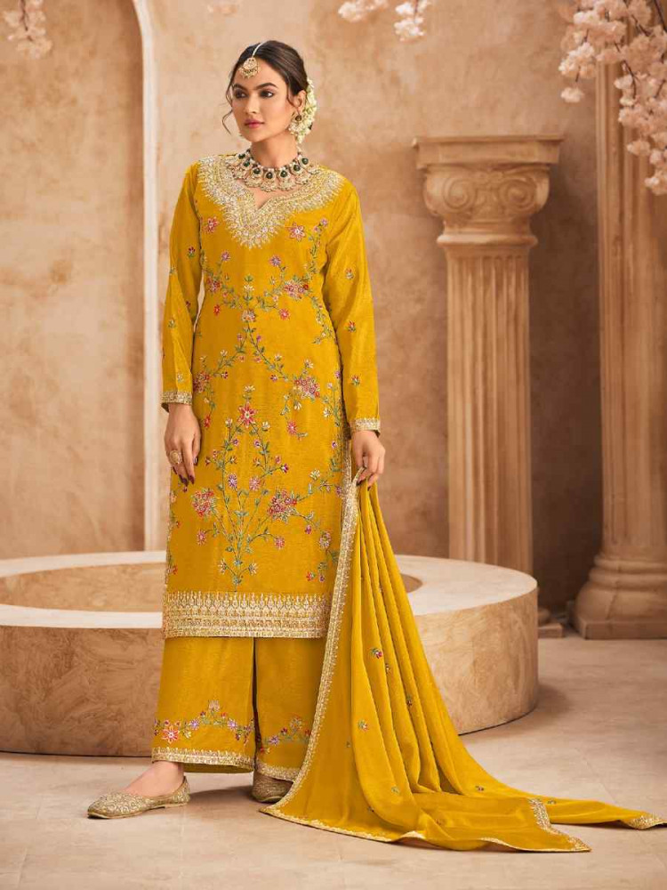 Yellow Heavy Premium Chinon Embroidered Festival Wedding Palazzo Pant Salwar Kameez